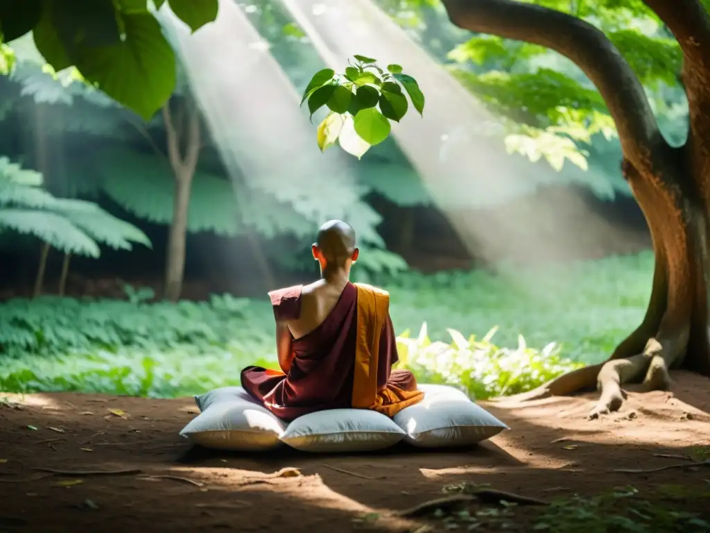 Imagen serena de monje budista meditando en el bosque, irradiando calma y sabiduría ancestral