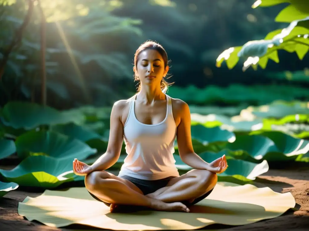 Una imagen serena de un practicante de yoga en posición de loto, rodeado de exuberante vegetación y bañado por la cálida luz del sol