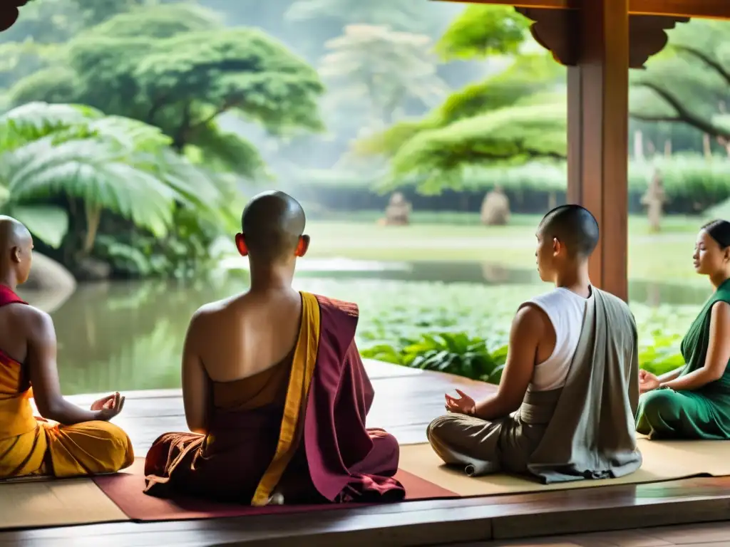 Imagen serena de practicantes budistas en meditación, representando la unidad en la diversidad