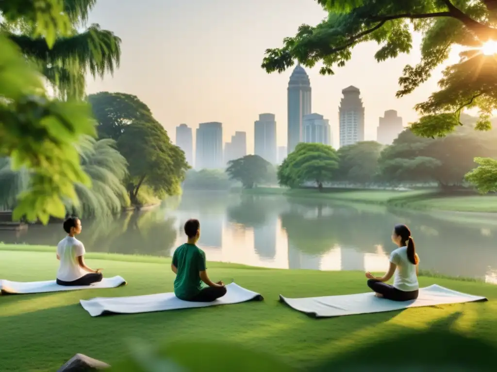 Imagen serena de principiantes practicando Qi Gong en un parque verde al amanecer, creando balance y calma