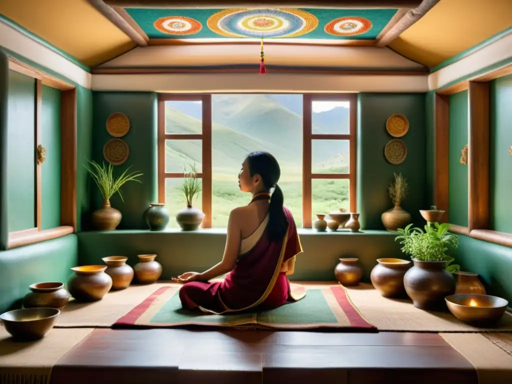 Una imagen serena de una sala de curación tibetana, con luz natural y tejidos vibrantes