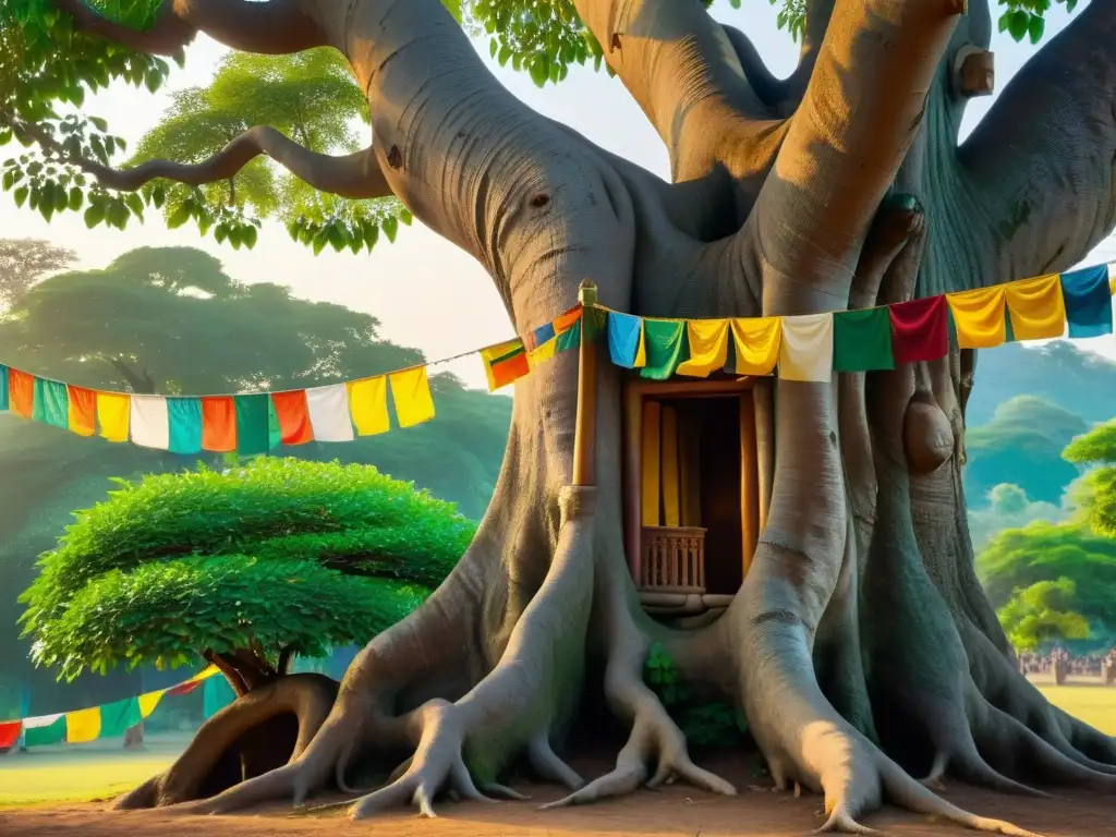 Imagen de un sereno árbol Bodhi al amanecer, con una pequeña capilla de piedra y peregrinos en meditación