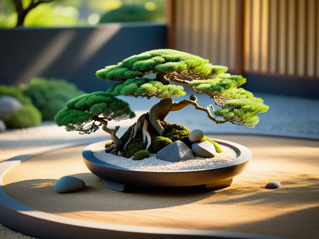 Imagen de un jardín zen sereno con un bonsái en el centro, bañado por la suave luz de la tarde