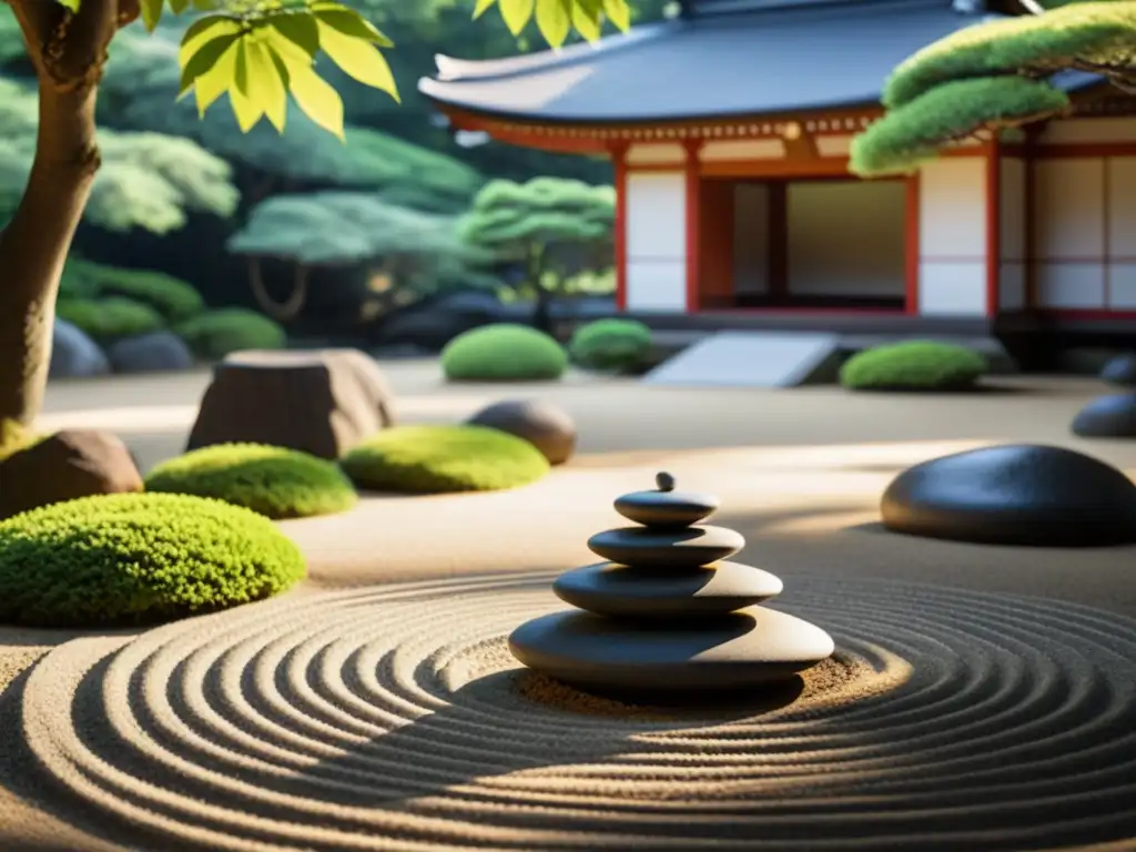 Imagen de un sereno jardín Zen con grava y piedras equilibradas, rodeado de vegetación exuberante