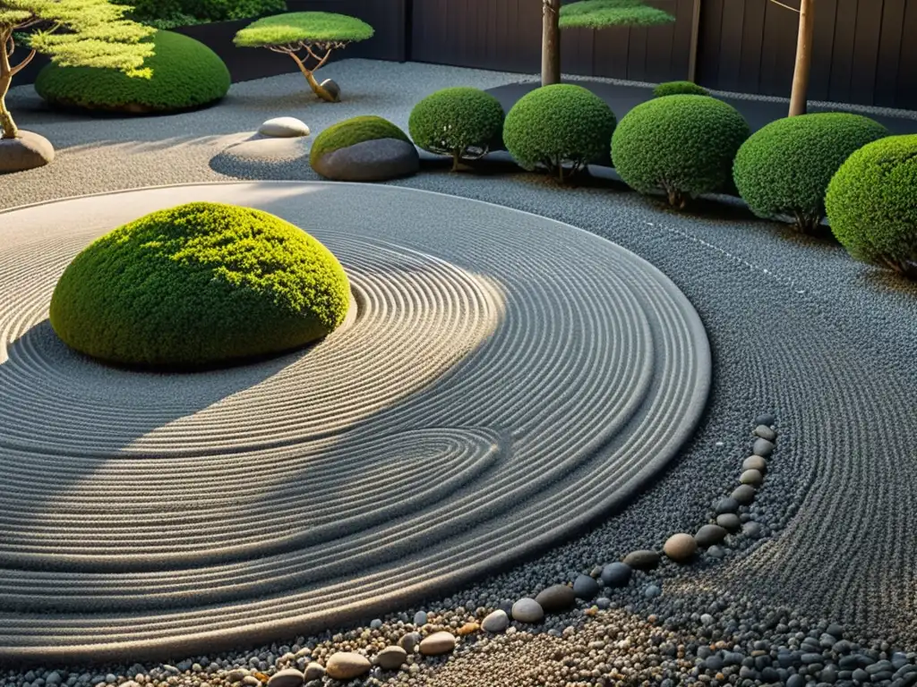 Imagen de un jardín zen sereno, con grava rastrillada, rocas cuidadosamente colocadas y árboles podados, representando la transformación mental y espiritual a través del arte zen