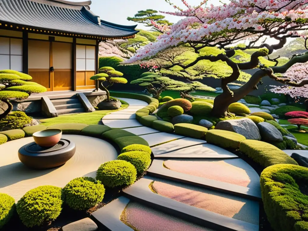 Imagen de un sereno jardín japonés con bonsáis, sendero de piedra, casa de té y flores de cerezo en plena floración, bajo una luz dorada