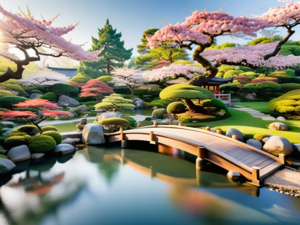 Imagen de un sereno jardín japonés con bonsáis, estanque de peces koi, puente de madera y hermosos cerezos en flor