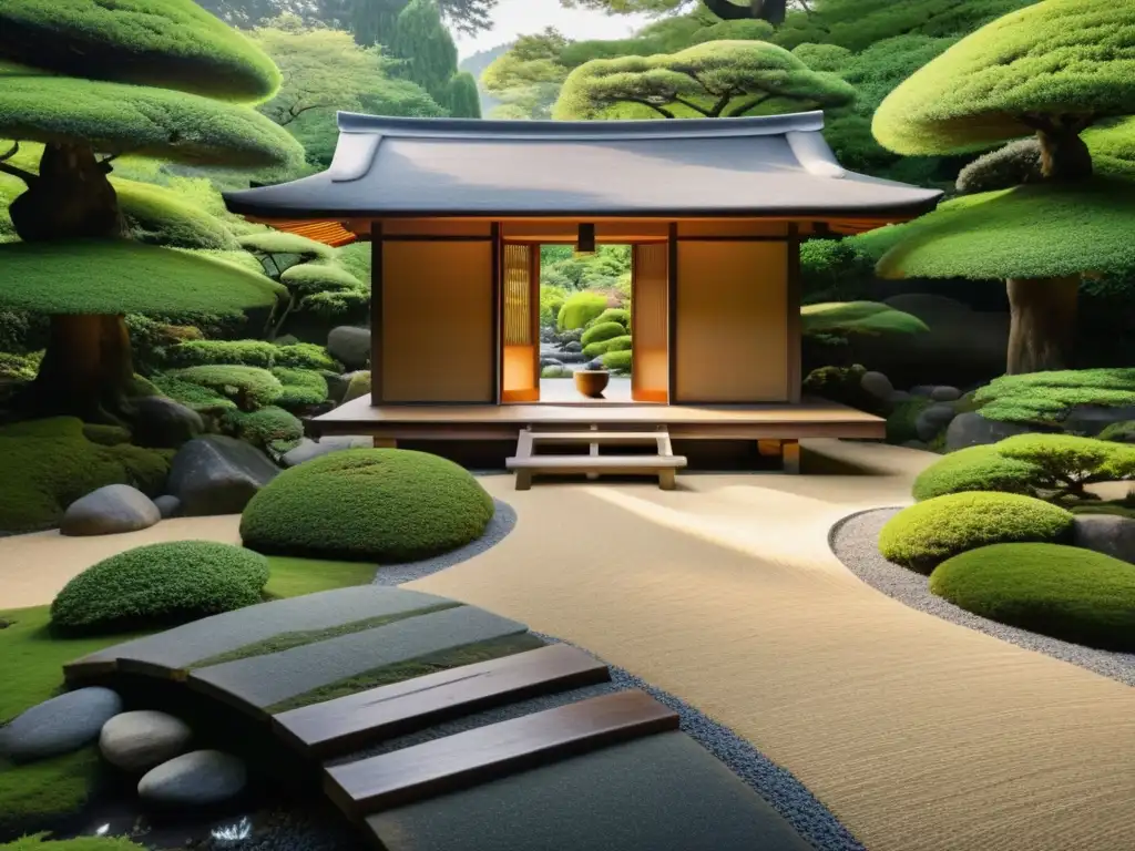 Imagen 8k de un sereno jardín japonés con una casa de té tradicional, reflejando los Principios Zen en arquitectura japonesa