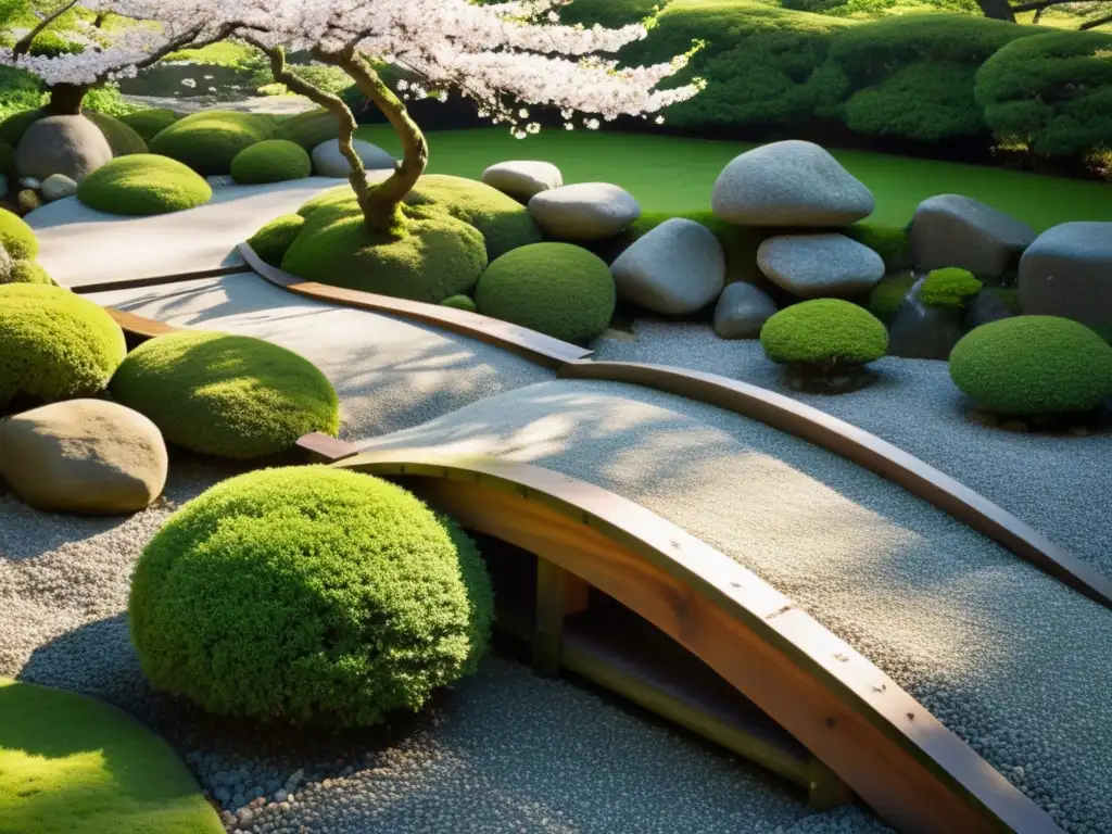 Imagen de un sereno jardín japonés con puente de madera, rodeado de naturaleza exuberante y árboles de cerezo en flor