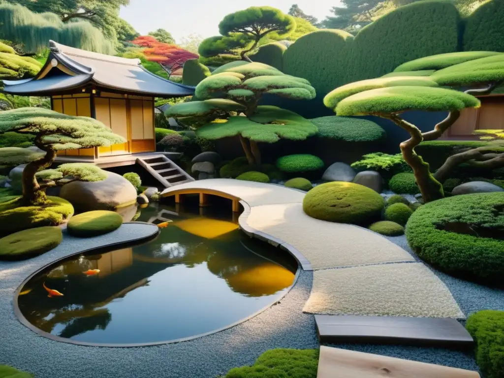 Imagen 8k de un sereno jardín japonés con sendero de grava, bonsáis, estanque de peces koi y casa de té