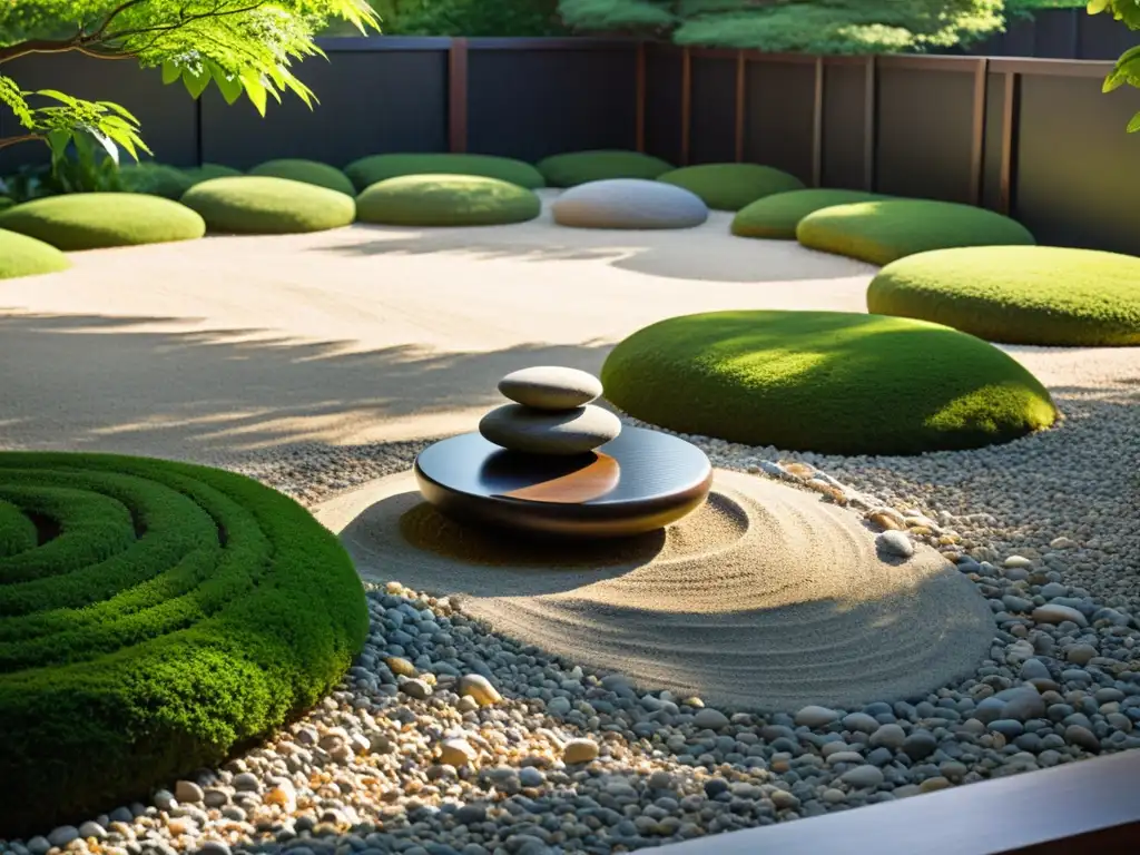 Imagen de jardín Zen sereno y meticuloso, con rocas y grava cuidadosamente colocadas, rodeado de exuberante vegetación