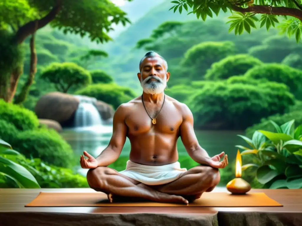 Imagen en 8k de un yogi sereno practicando el Sistema filosófico del Yoga Clásico de Patanjali en un entorno natural tranquilo y exuberante