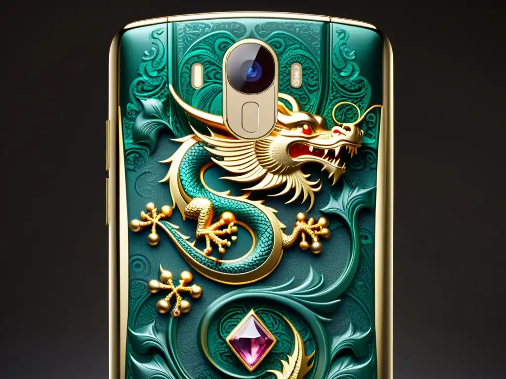 Imagen de un smartphone de edición especial con grabados de dragones, reflejando la fusión de tecnología y arte ancestral