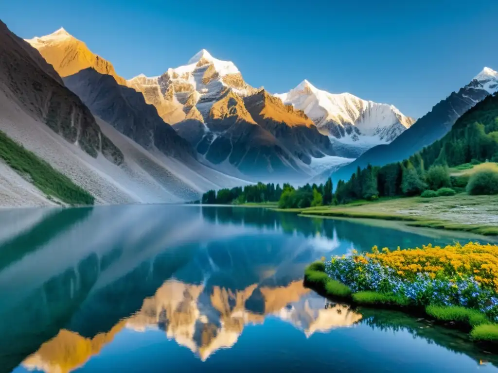 Imagen de amanecer en el Himalaya, con el sol iluminando las cumbres nevadas y reflejándose en un lago sereno