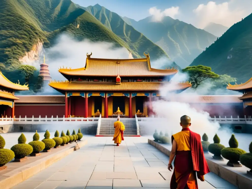 Imagen de un templo budista chino tradicional, con una fusión armoniosa de influencias del budismo y el taoísmo, envuelto en niebla entre montañas