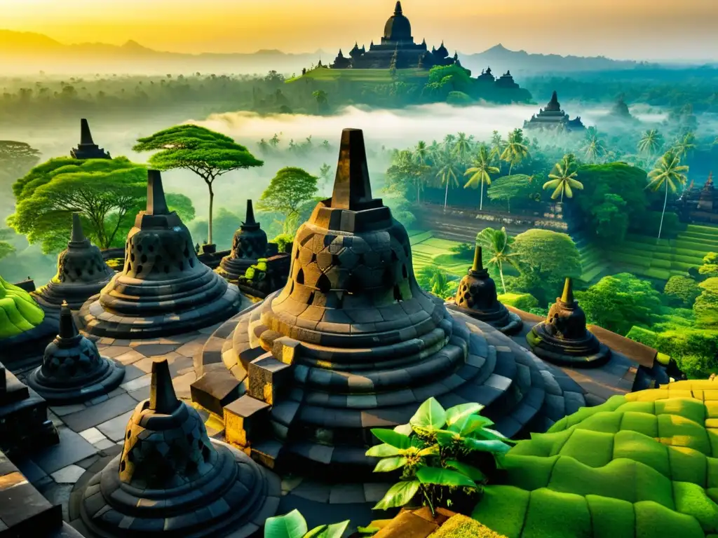 Imagen del Templo Borobudur en Indonesia, bañado por la luz de la mañana, resaltando el misticismo y belleza de Indonesia