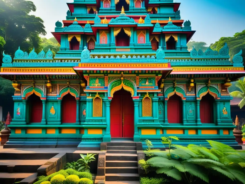 Imagen de un templo hindú con intrincadas decoraciones y pinturas de deidades femeninas como Durga, Kali y Parvati, rodeado de exuberante vegetación