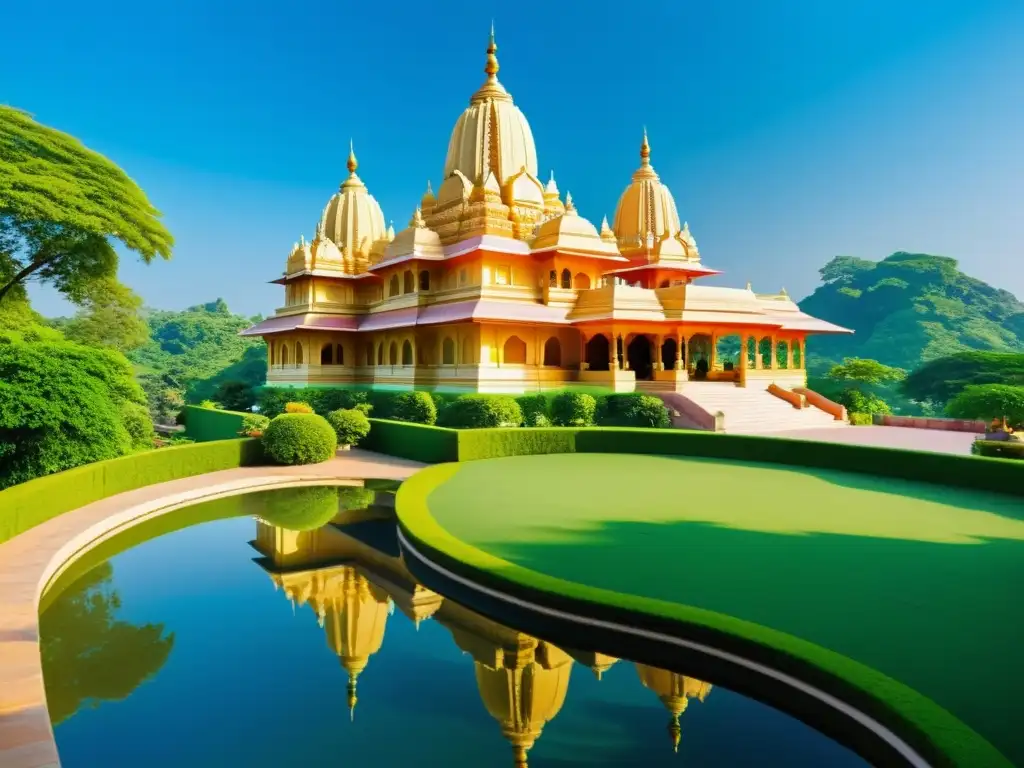 Templo Jainista: Serenidad y Colorido Sagrado Imagen de un templo jainista rodeado de exuberante vegetación y visitantes, transmitiendo serenidad y los principios éticos del Jainismo