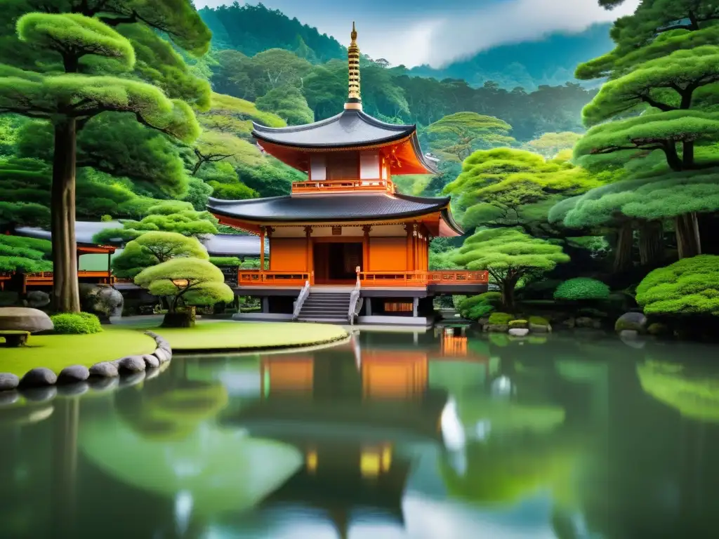 Imagen de un templo Zen tradicional en un exuberante bosque, reflejando paz y arquitectura zen