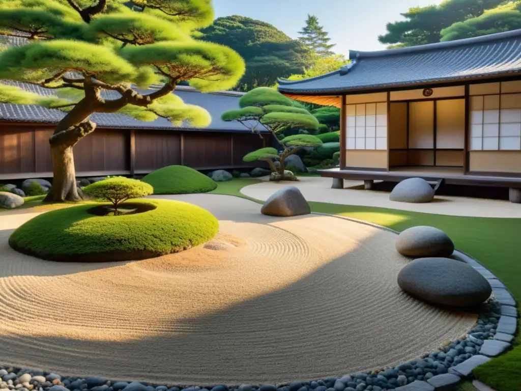 Imagen de un jardín Zen tradicional japonés con enfoque directo a la iluminación Zen, reflejando serenidad y armonía natural