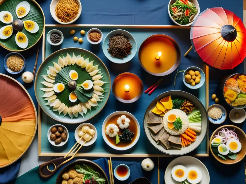 Imagen de un festín tradicional de Chuseok con platos coloridos y familiares vestidos con hanbok, evocando calidez y tradición coreana