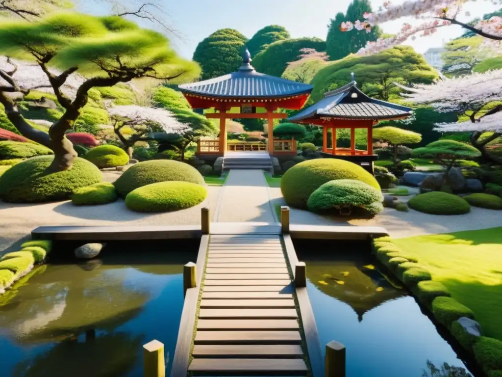 Imagen de un jardín japonés tradicional con puente de madera sobre estanque, templo pagoda entre cerezos en flor y luz suave