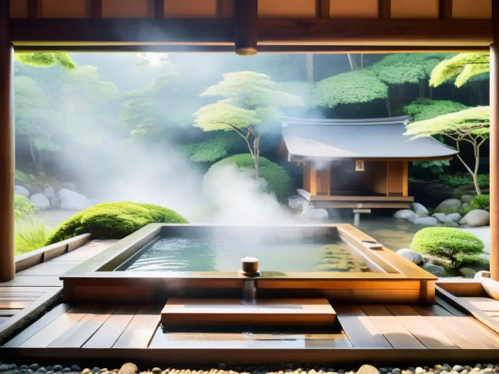 Imagen de un tranquilo onsen japonés rodeado de exuberante vegetación, con vapor saliendo del agua cristalina