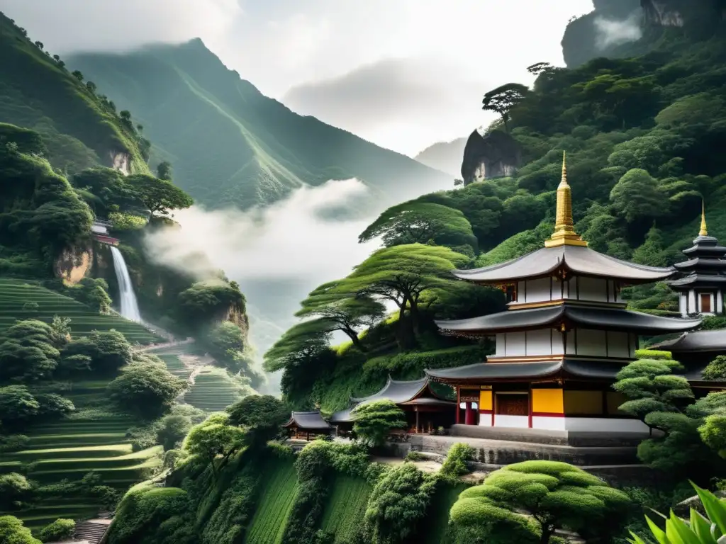 Imagen de un tranquilo templo budista en la montaña, con detalles arquitectónicos y monjes en tradicionales túnicas