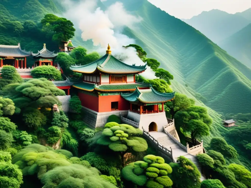 Imagen de un tranquilo templo taoísta en las verdes montañas de China