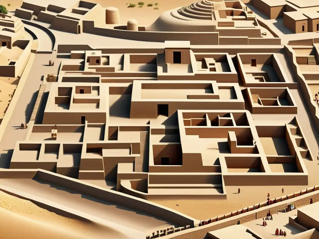 Imagen del Valle del Indo civilización perdida con la antigua ciudad de Mohenjodaro, revelando su avanzada planificación urbana y la vida cotidiana