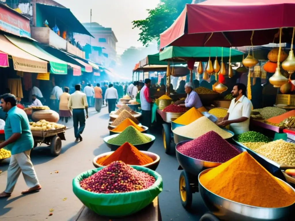 Imagen vibrante de un bullicioso mercado callejero en la India, con especias coloridas, frutas exóticas y vendedores