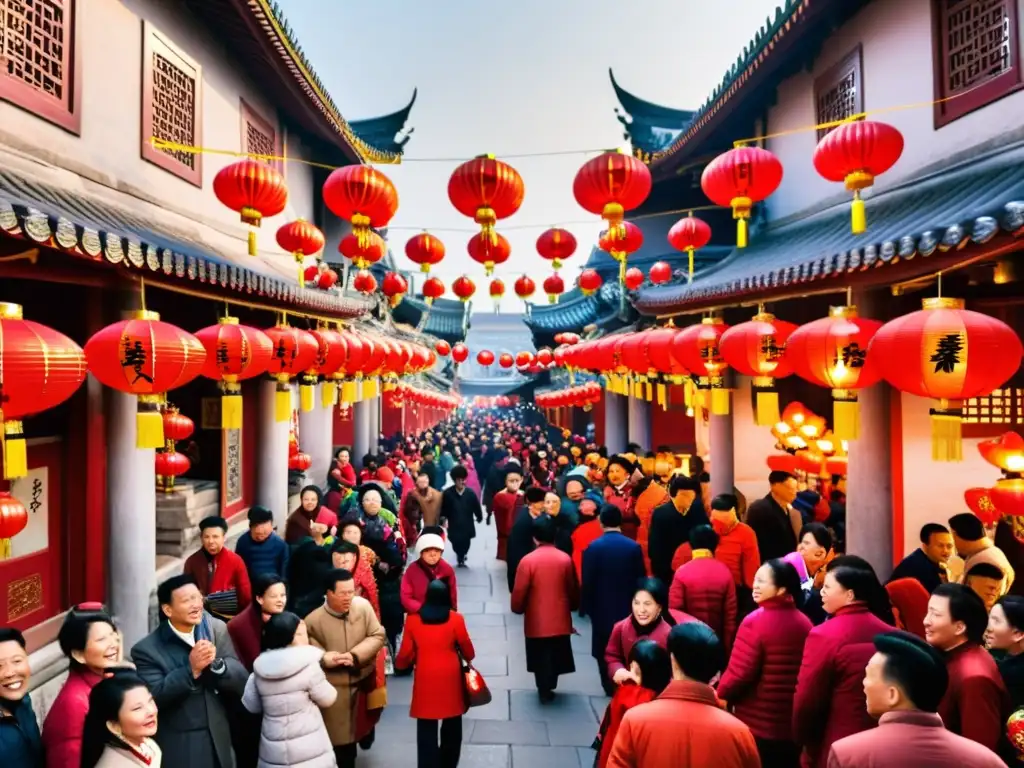 Imagen de vibrante calle en China con linternas rojas tradicionales, celebraciones espirituales ancestrales Asia