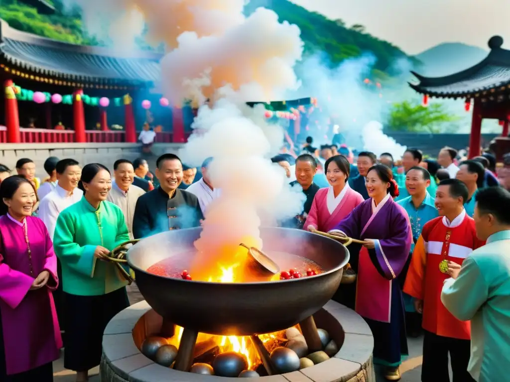 Imagen de la vibrante celebración del Dongzhi en Asia, capturando la importancia cultural y espiritual del festival con una escena llena de coloridas decoraciones, gente reunida alrededor de un gran caldero de tangyuan y atuendos tradicionales