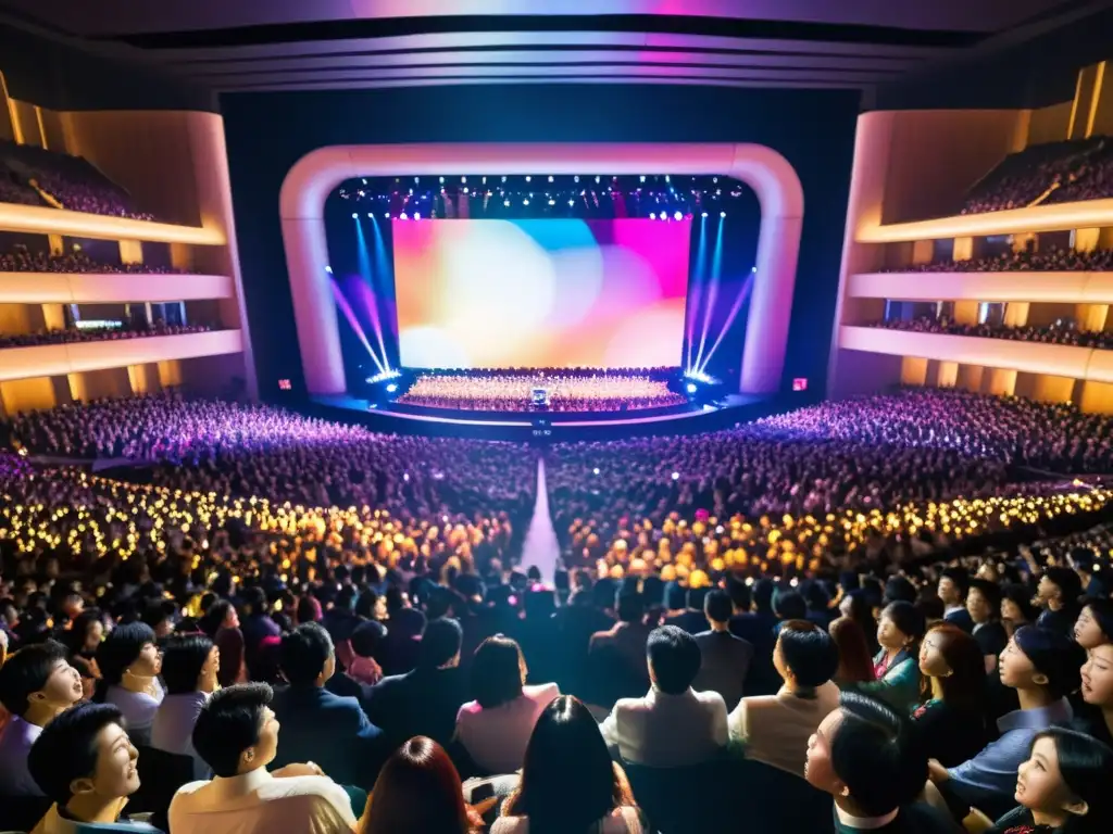 Una imagen vibrante de un concierto en Seúl con fans apasionados y artistas asiáticos