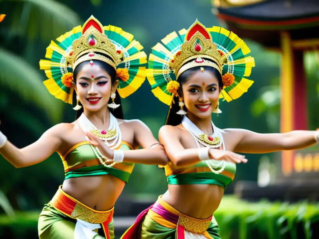 Imagen vibrante de danza tradicional balinesa, con coloridos trajes y patrones rítmicos, en un escenario exuberante de Bali