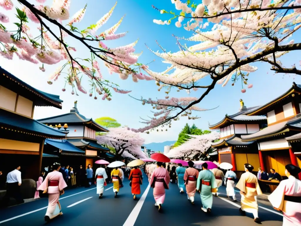 Imagen vibrante de un desfile tradicional en el Sakura Matsuri, con kimonos coloridos, instrumentos y parasoles