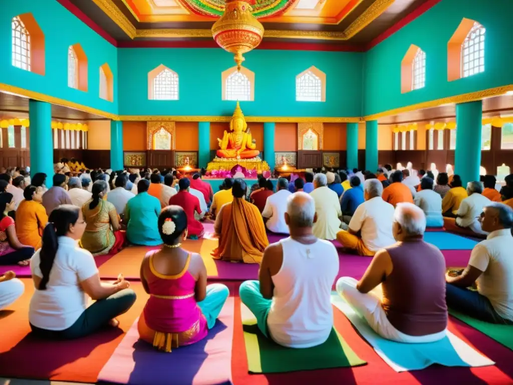 Una imagen vibrante de devotos reunidos en un colorido templo hindú, participando en un ritual tradicional de Bhakti Yoga en la tradición hindú