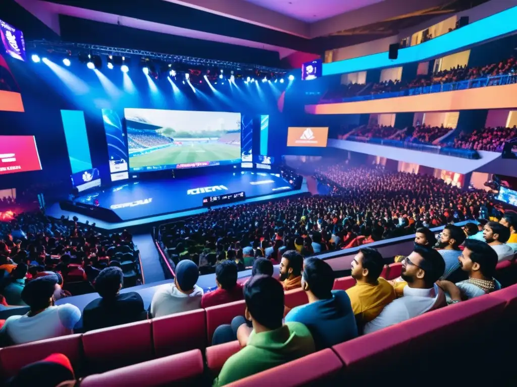 Una imagen vibrante de un estadio de eSports lleno en India, con una multitud diversa y apasionada animando a sus jugadores favoritos