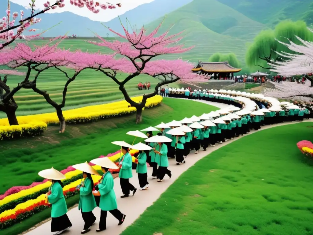 Imagen vibrante de la Fiesta de la Primavera Qingming en la naturaleza, con coloridos rituales y respeto a los ancestros