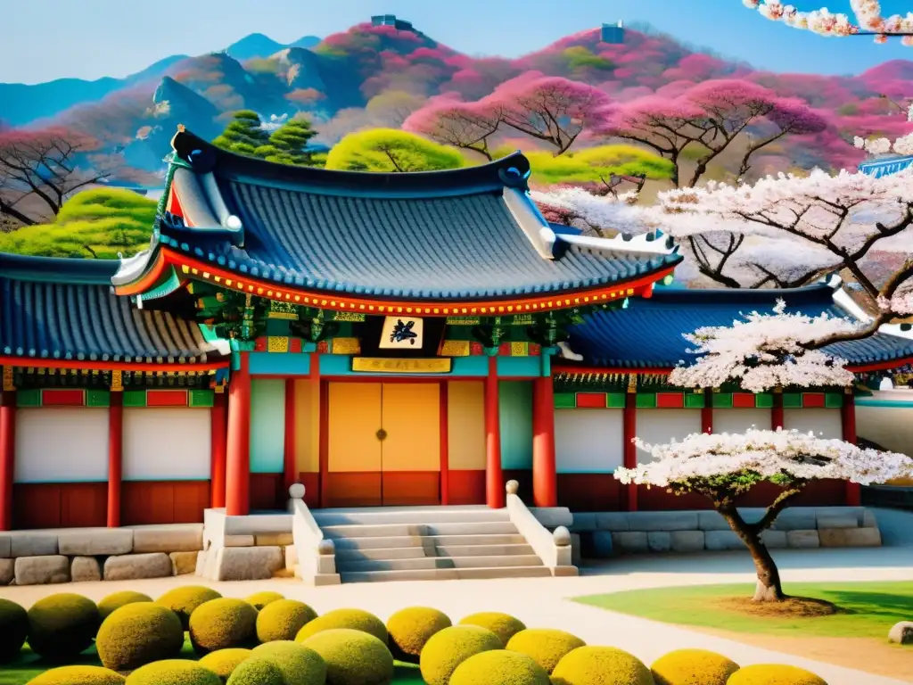 Una imagen vibrante de un palacio tradicional coreano rodeado de exuberantes jardines y árboles de cerezo
