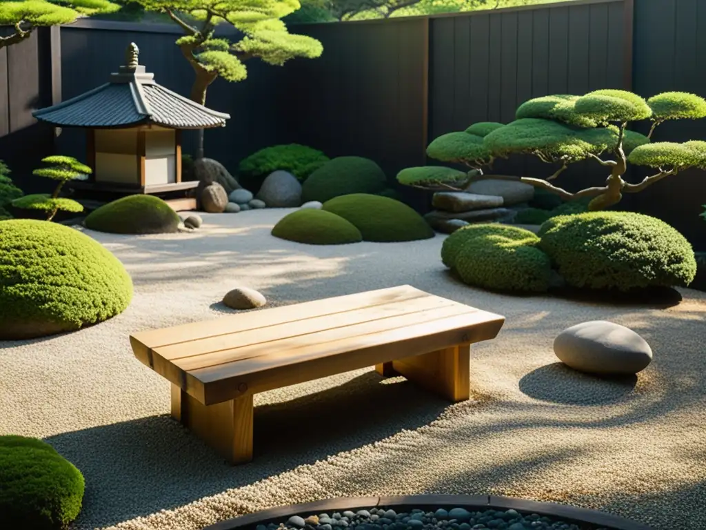 Una imagen zen de un jardín japonés sereno con un jardín de rocas y bonsáis, transmitiendo enseñanzas Zen para vivir en plenitud