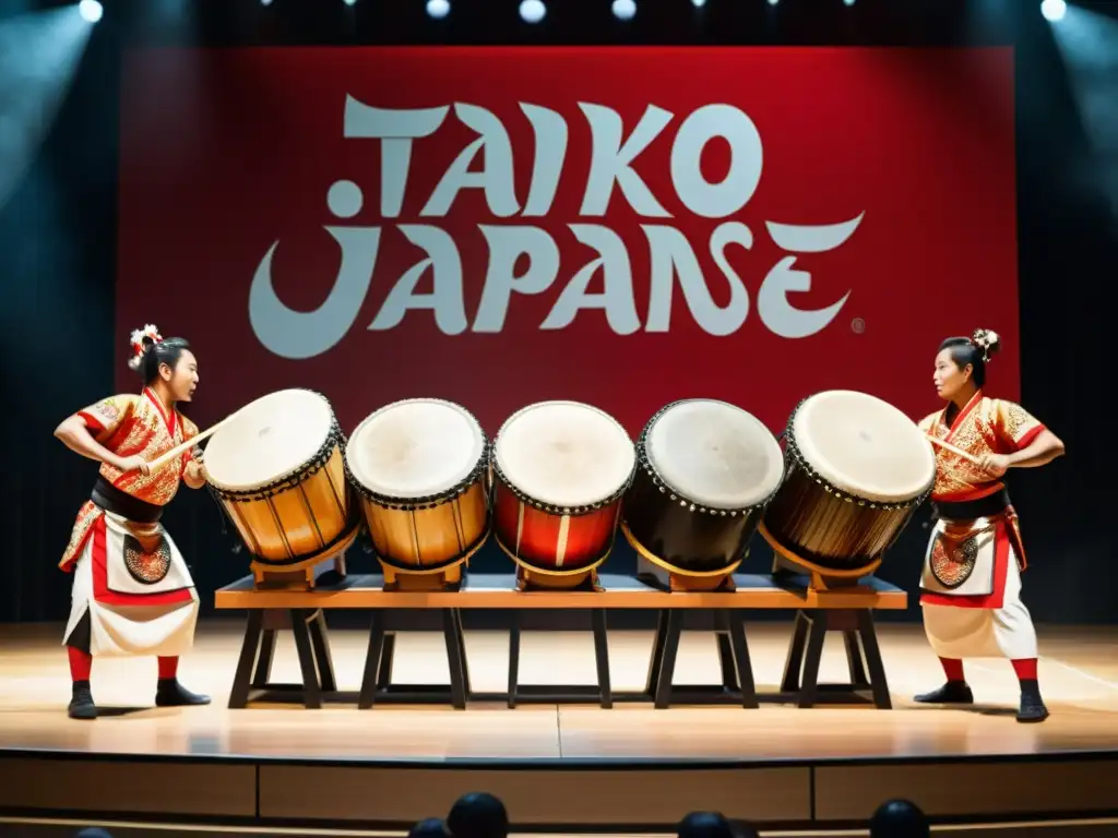 Una impactante actuación de un conjunto de tambores taiko japonés en un escenario, con músicos vestidos con trajes tradicionales vibrantes