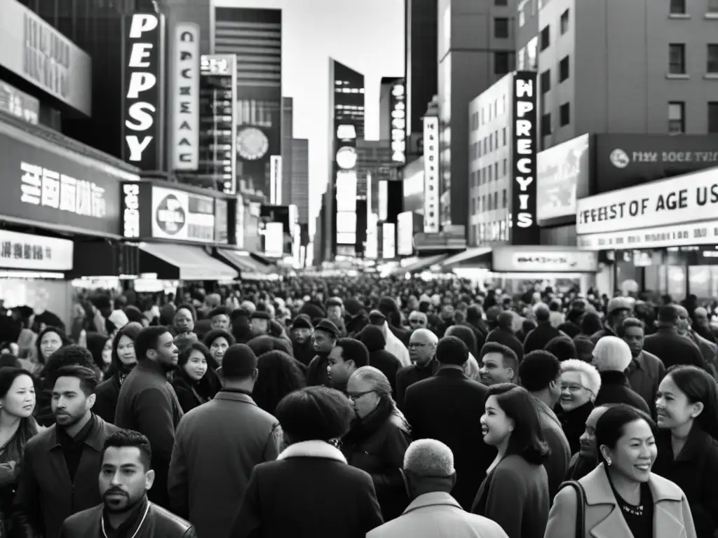 Vida urbana: diversidad y energía en la gran ciudad Una impactante foto en blanco y negro de una bulliciosa calle de la ciudad, con gente de diversas edades y etnias