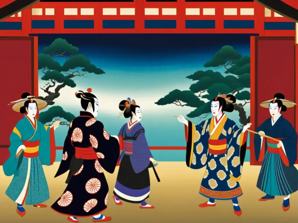 Una impactante pintura documental de una actuación de teatro kabuki, destacando la influencia del kabuki en el arte japonés