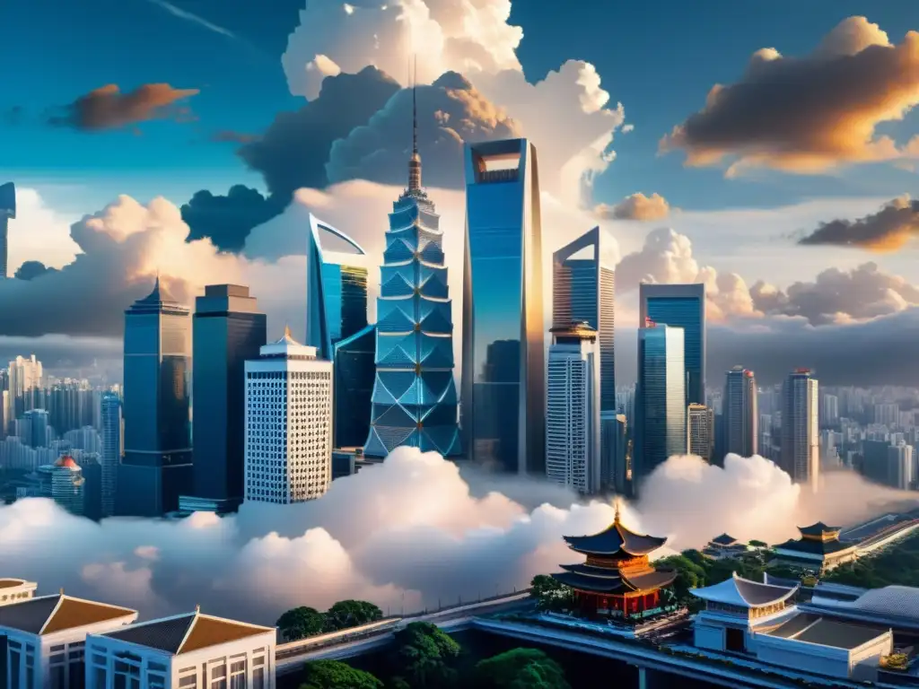 Transformación del cloud computing en Asia: impactantes rascacielos entre nubes, fusionando tecnología moderna y arquitectura tradicional