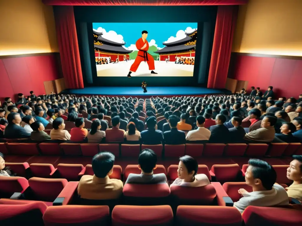 El impacto del cine de artes marciales en Asia: Multitud emocionada viendo clásico en cine abarrotado de una ciudad asiática