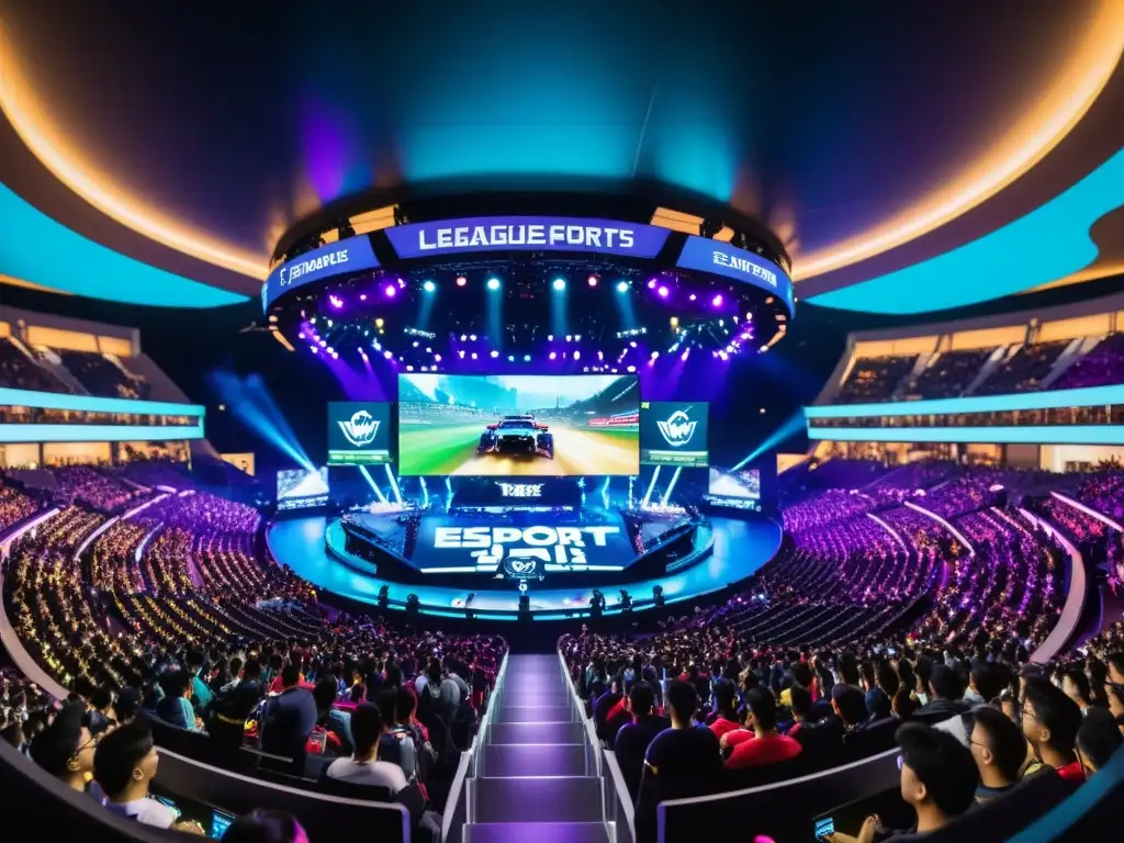 Impacto cultural de League of Legends en Asia: Estadio repleto con fans entusiastas y vibrante espectáculo visual