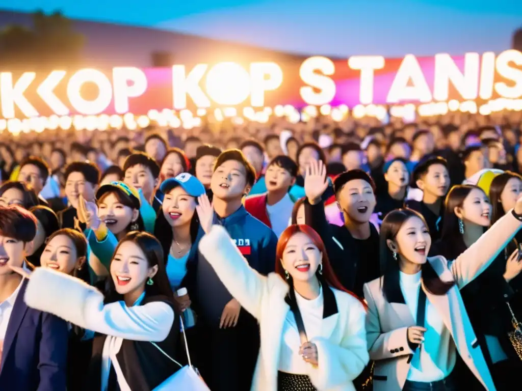 El impacto del fandom KPop: Apasionados fans de KPop agitando sus lightsticks y cantando en un vibrante concierto