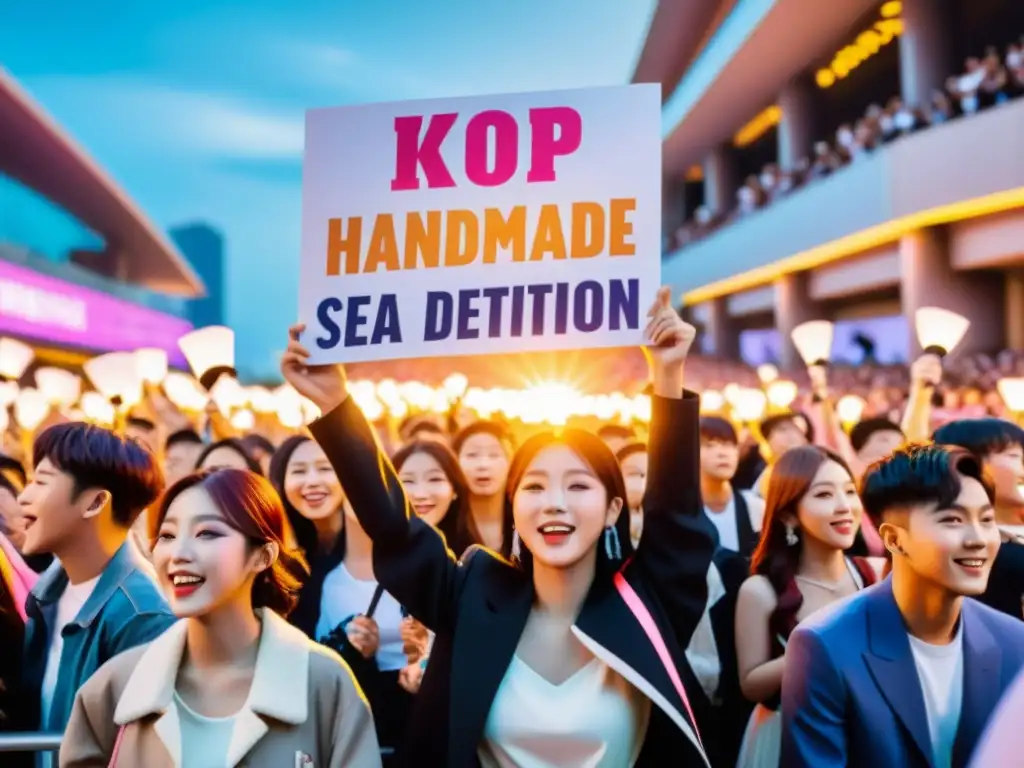 El impacto del fandom KPop: Fans emocionados con carteles y luces brillantes frente al concierto, demostrando su devoción y entusiasmo vibrante