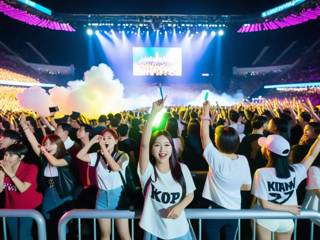 El impacto del fandom KPop: Multitud emocionada en concierto, sosteniendo light sticks y cantando con alegría, mostrando su devoción